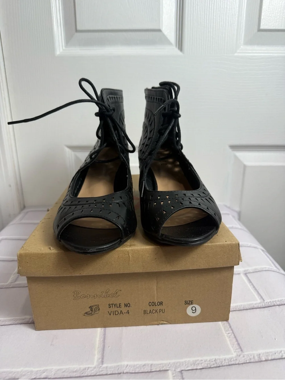 Bonnibel Black Cutout Lace-Up Wedge Sandals Peep Toe Size 9